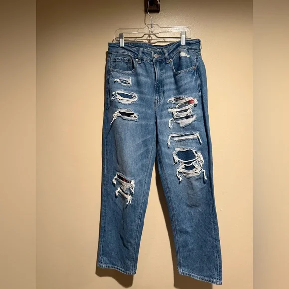 NWT American Eagle Mom Straight Jean Blue Denim plaid patchwork size 8 reg - Picture 1 of 12